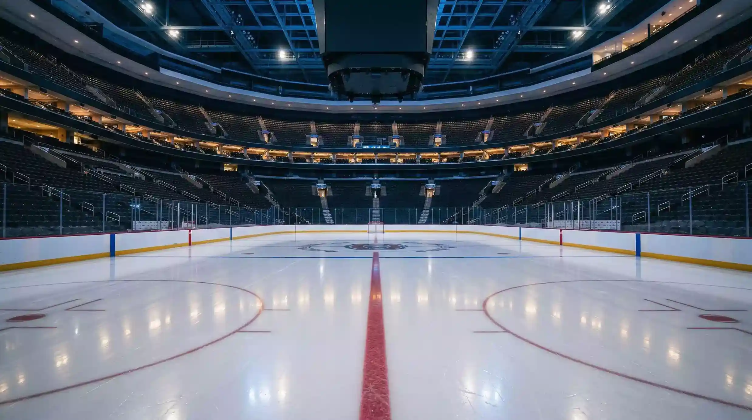 Pista de hockey sobre hielo iluminada antes de un partido de la NHL