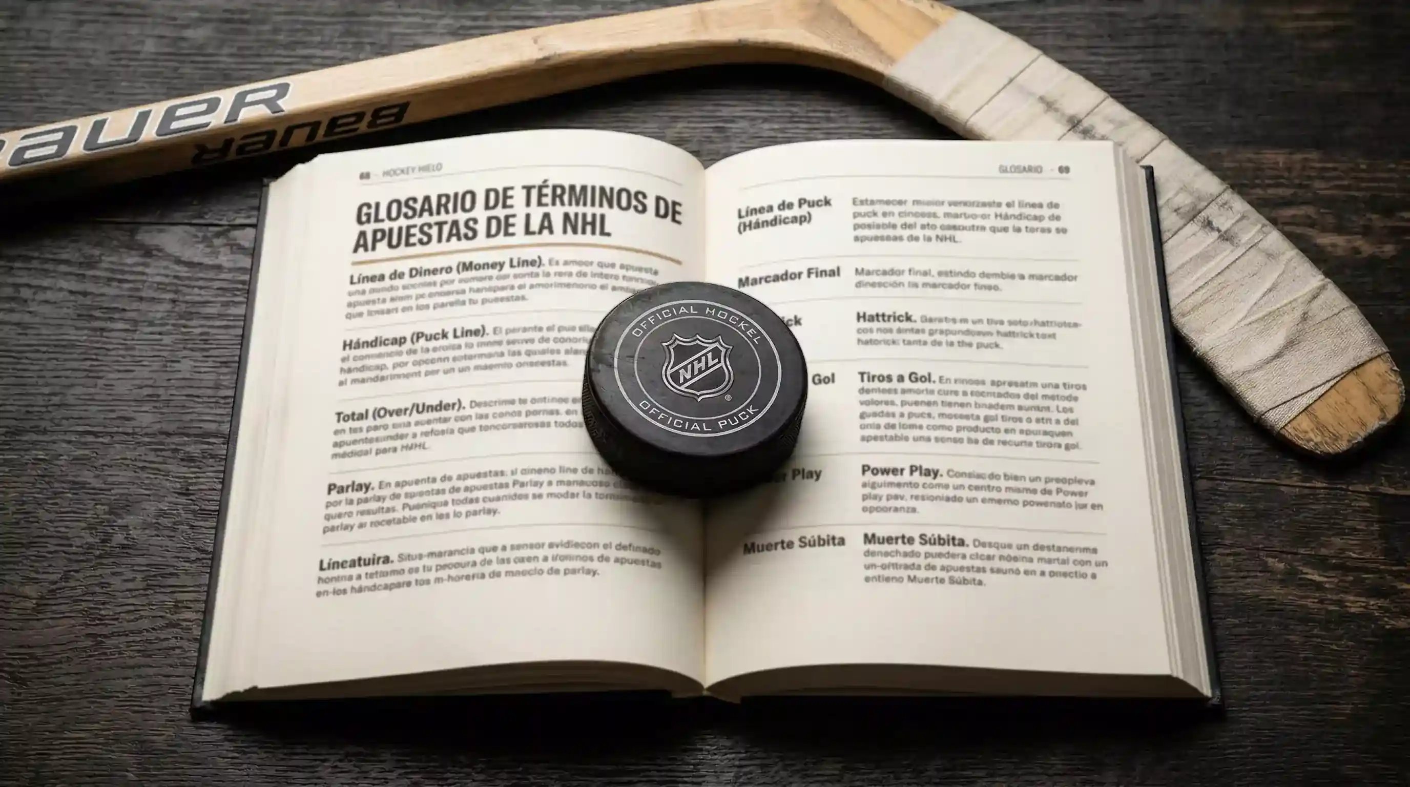 Disco y stick de hockey sobre hielo junto a un diccionario abierto de términos