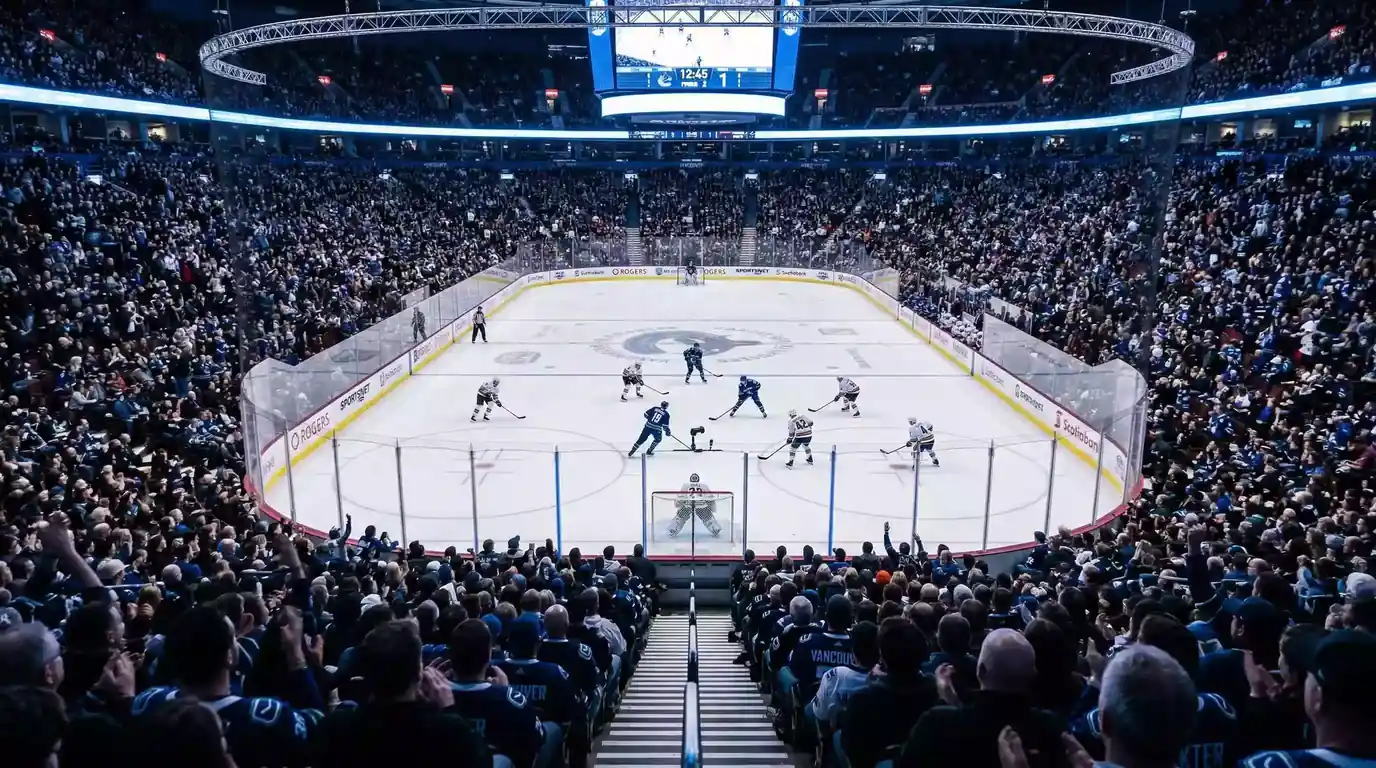 Aficionados viendo un partido de hockey NHL desde las gradas de un estadio